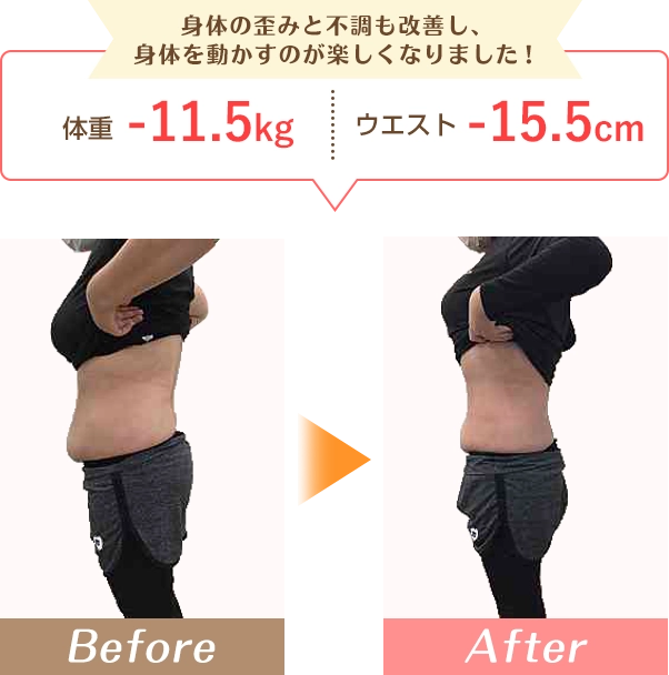 身体の歪みと不調も改善し、身体を動かすのが楽しくなりました!体重-11.5kg ウエスト-15.5cm