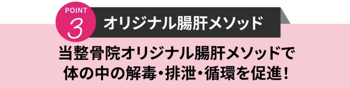 point3　オリジナル腸肝メソッド　当整骨院オリジナル腸肝メソッドで体の中の解毒・排泄・循環を促進！